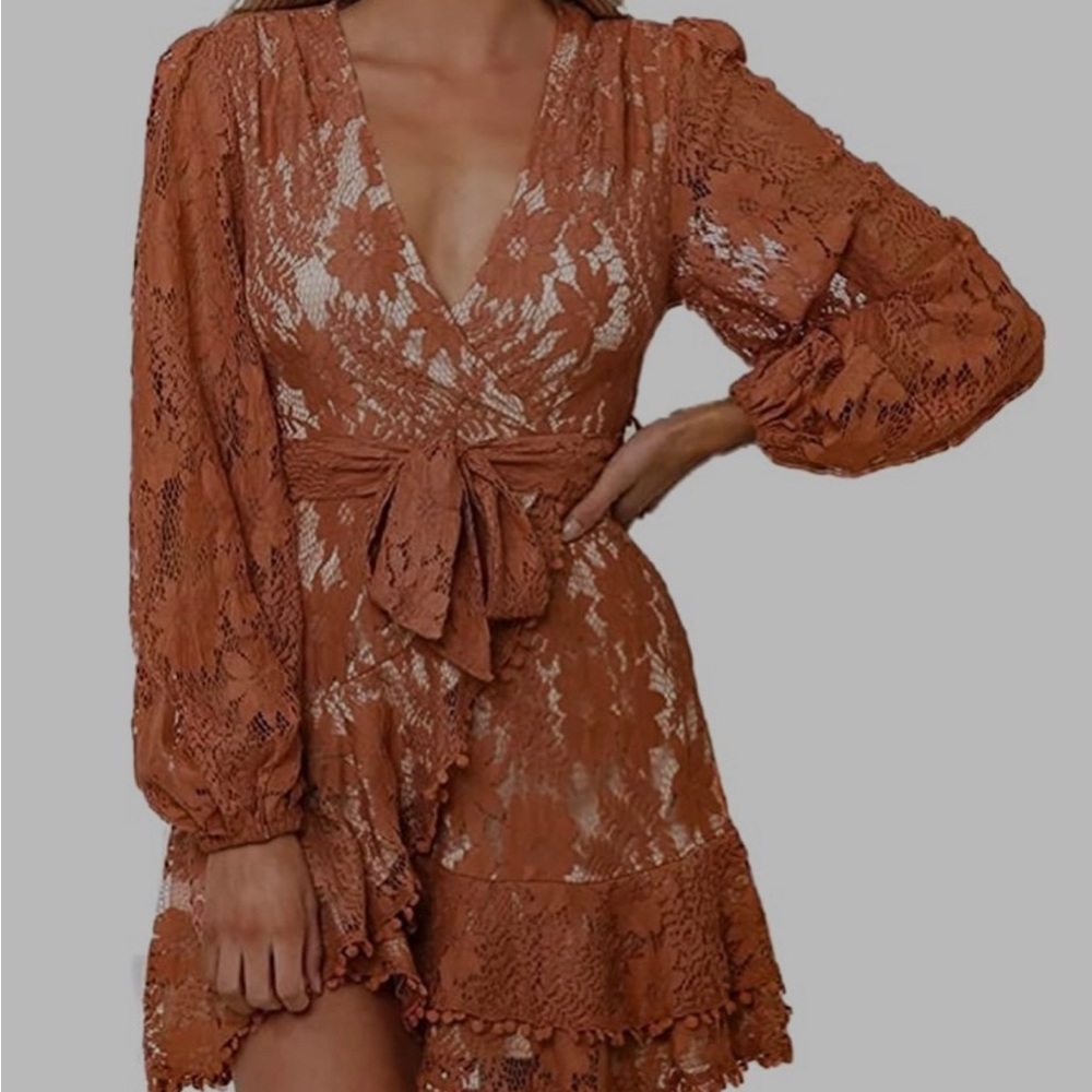 Rust lace wrap dress